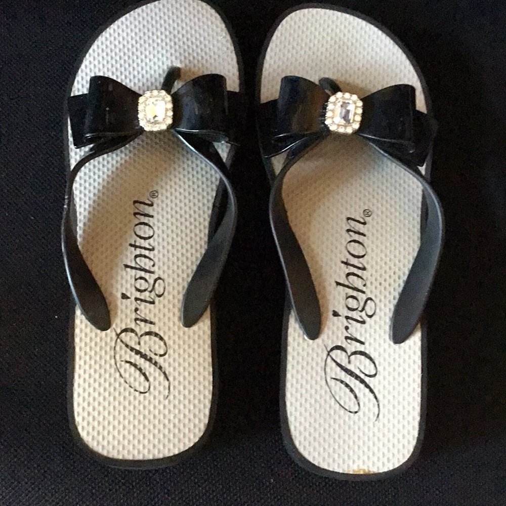 Brighton Black Patent Bow Sandals with Crystal Center